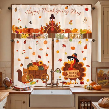 Thanksgiving Turkey Fall Kitchen Curtain Set 3 Pieces - Turkey / 11.4"W x 11.4"L