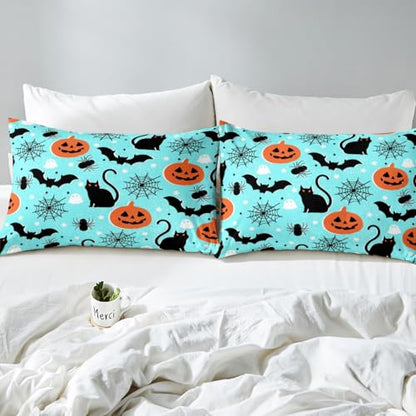 Feelyou Happy Halloween Full Size Bedding Set Decoration Pumpkin Lantern Sheets Set for Kids Boys Girls Spooky Cat Bat Fitted Sheet Teal Blue Bed Sheet Set Collection