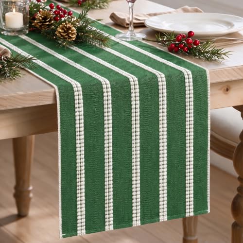 Green Farmhouse Dashed Stripe Table Runner 12x36 Inch - Holiday Christmas Decor