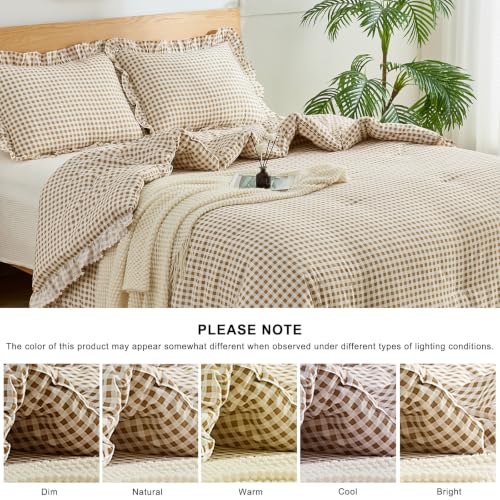 Queen Ruffle Gingham Comforter Set Tan Plaid Farmhouse Bedding Variation of THIS listing
