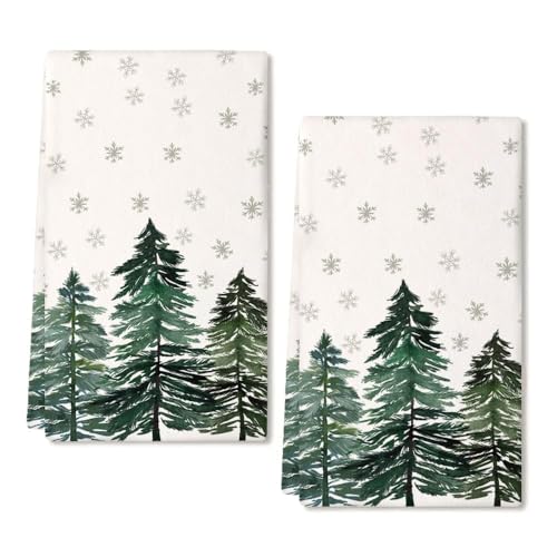 Christmas Kitchen Towels Set of 2 - Green Tree Xmas Decor, 18x26 Inches - Durable Microfiber Dish Towels