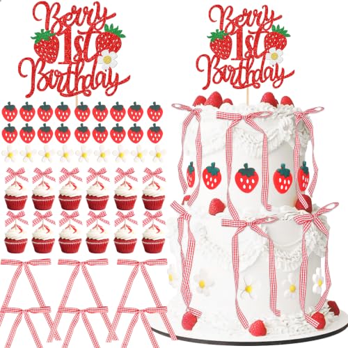 41 pcs Strawberry Cake Decorations Set with Bow & Flower Toppers - Design 19