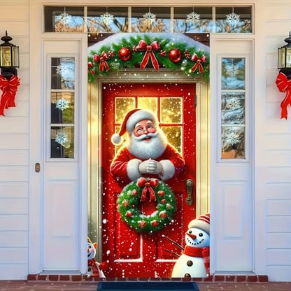 Christmas Door Cover Santa Pine Greenery 35x71 Inch Holiday Decor - Green & Red