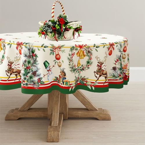 Round Christmas Tablecloth 60x60in Tree Elk Holiday Decor Waterproof & Wrinkle-Resistant