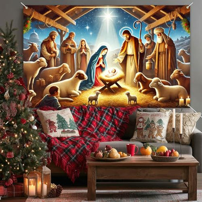 Christmas Nativity Scene Banner Holy Family Jesus Manger Wall Decor 71 x 43 Inches
