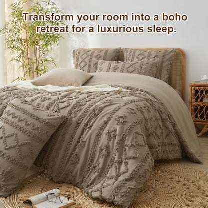 King Size Tufted Duvet Cover Set Farmhouse Taupe Bedding