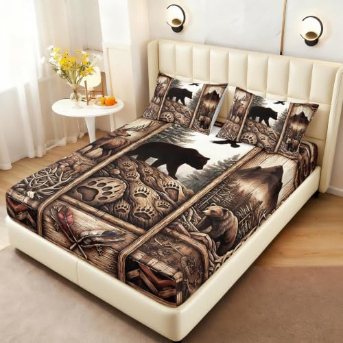Wildlife Cabin Twin Bedding Set - Microfiber Fitted Sheet & Pillowcases, Black Bear Deer Eagle