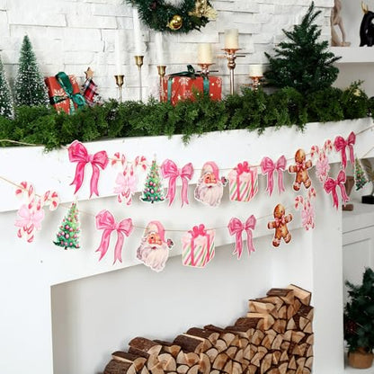 Pink Christmas Paper Garland with Santa & Bow - 2 Pack, 6.56 Ft Each - Holiday Decor