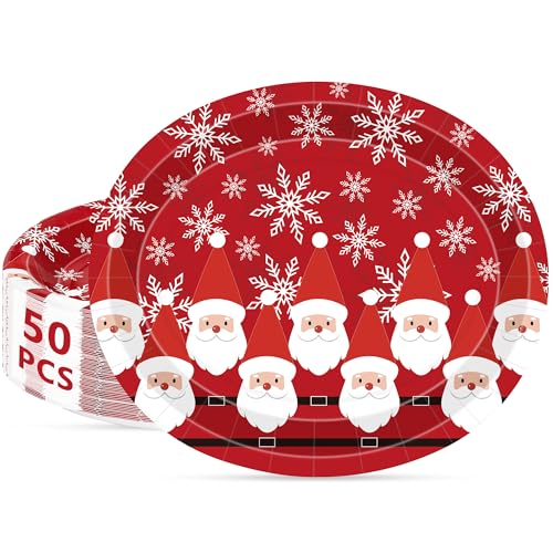 50 Pcs Christmas Paper Plates - Santa Snowflake Oval Disposable Dinnerware 12.2x10.2 Inch