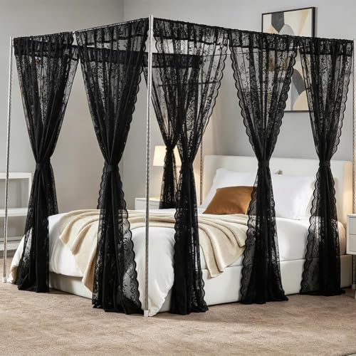 White Lace Canopy Bed Curtains Set - 8 Panels for Queen Bed 39x79, No Pole