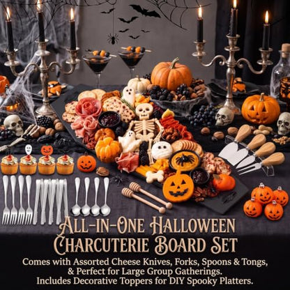 Halloween Coffin Charcuterie Board Set with Cheese Knives and Food Picks - Black