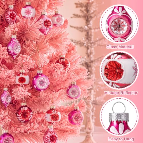 Vintage Christmas Glass Ornaments Set - Retro Pink & White Reflector Balls, 40 Pcs