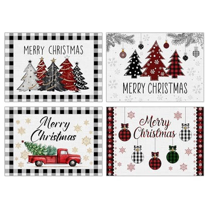 Christmas Placemats Set of 4 with Truck Bell Design - Holiday Table Decor, Winter Kitchen Mats, Christmas Tree Truck Variation