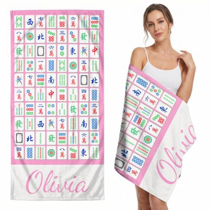 Personalized Mahjong Beach Towel with Name - Pink Tile Pattern, Microfiber, Custom Design - Design 31