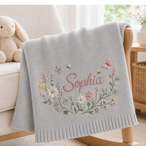 Baby Blanket Custom Embroidered Floral Knitted Nursery Throw - Style 1