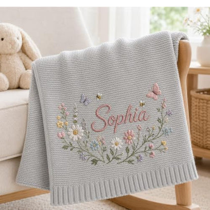 Baby Blanket Custom Embroidered Floral Knitted Nursery Throw - Style 1