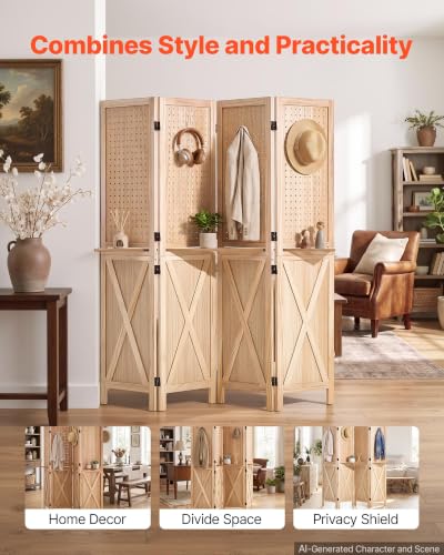 Wood Room Divider Pegboard Folding Privacy Screen with Shelves - Natural Finish