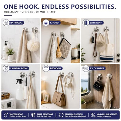 Heavy Duty Suction Cup Hooks for Shower Bathroom Removable Towel Holder Silver 2 Pack