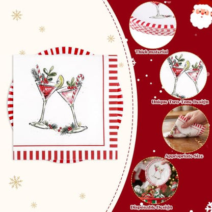 Christmas Cocktail Disposable Plates and Napkins Set - 50 Pieces, Holiday Party Tableware