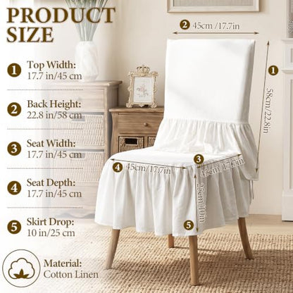 White Ruffled Chair Cover Set with Seat Cushion | Linen Dining Chair Slipcover