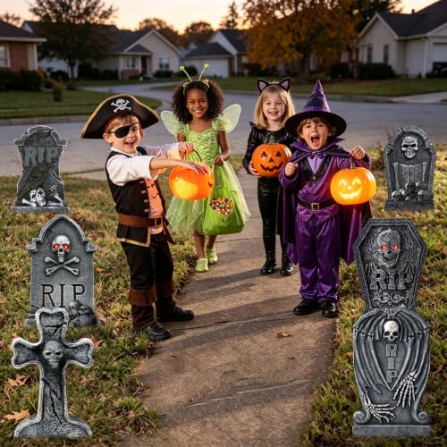 Halloween Graveyard Tombstone Decorations Set of 6 with Stakes - 17 Inch Outdoor Yard Signs for Halloween Party & Lawn Decor