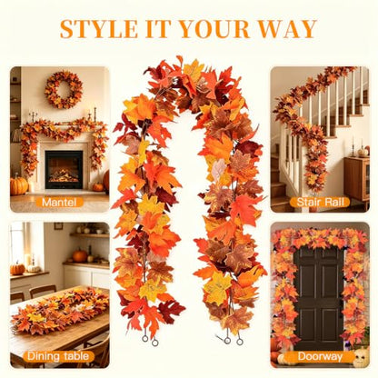 Artificial Maple Leaf Garland 2 Pack Fall Decor 5.9Ft Orange Autumn Thanksgiving
