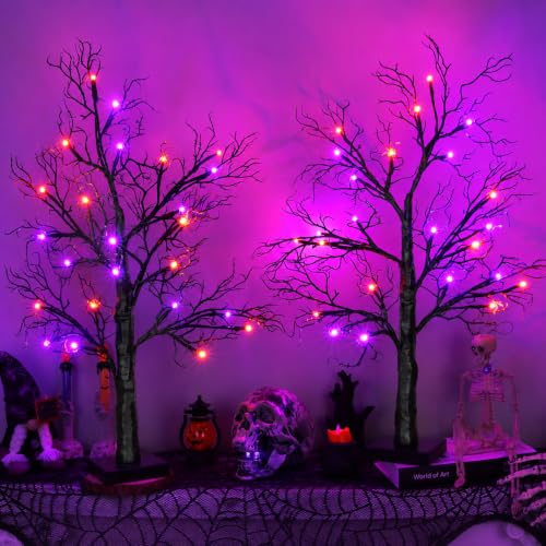 Halloween Lighted Black Tree Set A - 2 Pack 24 Inch Spooky Indoor Decorations with Orange & Purple Lights