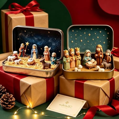 Mini Nativity Scene Set in Tin Box - Handcrafted Holy Family Figurines - Portable Christmas Decor - Variation #a
