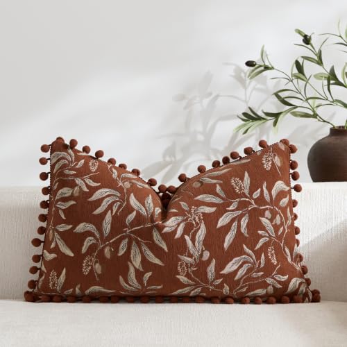 Orange Floral Decorative Pillow Cover 14x24 Inch Chenille Velvet Lumbar Cushion with Pom Poms