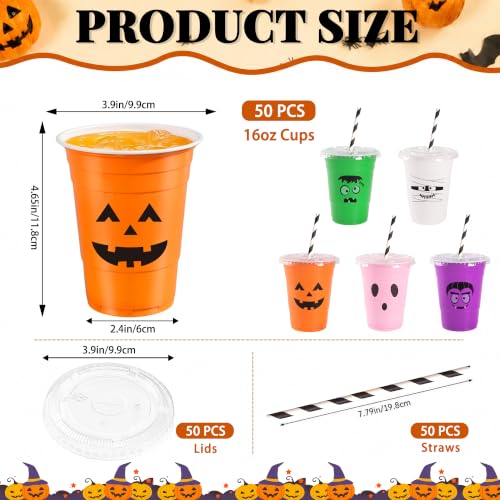 Multicolor 16oz Halloween Plastic Cups with Lids & Straws - Pack of 50