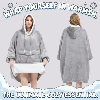 Wearable Blanket Hoodie for Women - Silver Foil Star Oversized Sherpa Pullover