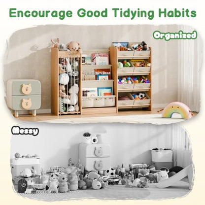 Kids Toy Organizer with Bookshelf & Stuffed Animal Storage 51 Inch Burlywood