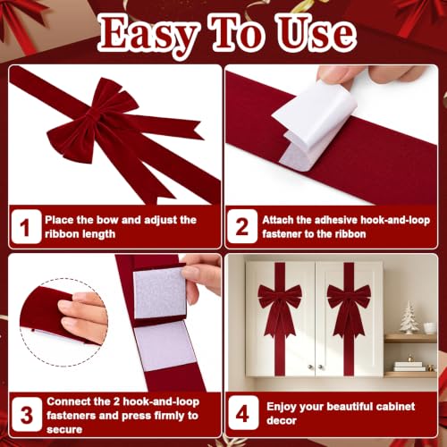 Christmas Cabinet Bows Set - Velvet Red 12 Pcs for Kitchen & Holiday Decor