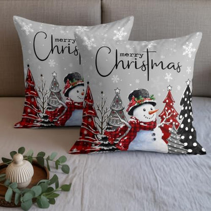 Queen Size Christmas Bed Runner with Pillow Covers - Gray Green Snowman & Pine Tree Pattern, 83x20 Inches - Holiday Decor