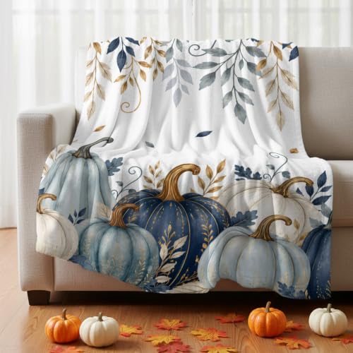 Fall Thanksgiving Throw Blanket - Teal Blue White Pumpkin 40x50 Inches - Autumn Leaf Branches