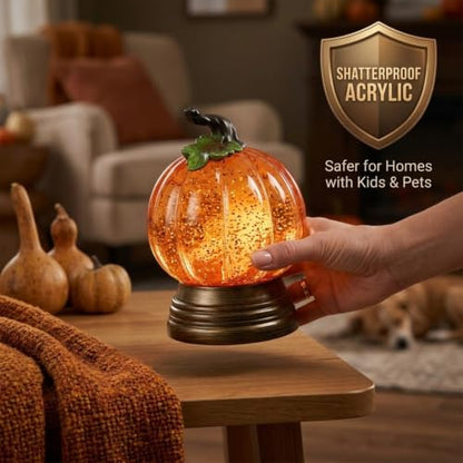Lighted Pumpkin Snow Globe - Fall Halloween Tabletop Decor, Acrylic, Yellow, 3-Pack