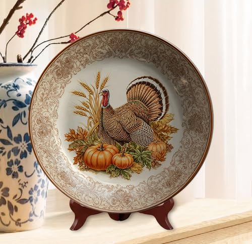 Wild Turkey Decorative Plates Thanksgiving Pumpkin Fall Harvest Wall Dish - Round 10 Inch PE--7