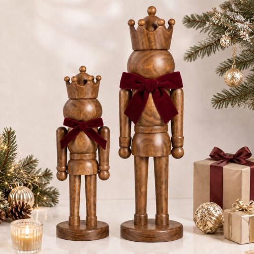 Amyhill 2-Piece Wooden Nutcracker Figures Decor - 14 Inch & 10 Inch, Brown, Velvet Bow Variation