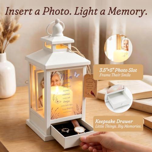 Memorial Lantern Picture Frame & Drawer for Loss of Mom - White Variation
