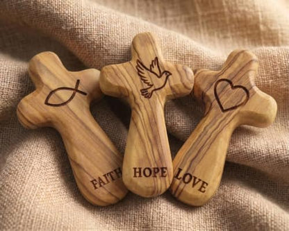 Mini Olive Wood Pocket Cross Set of 3 - Faith, Hope & Love - Bethlehem Carved Religious Keepsakes