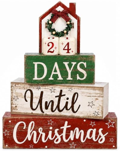 House Christmas Countdown Decorations Indoor - Wooden Festive Calendar with Mini House - Earligrow