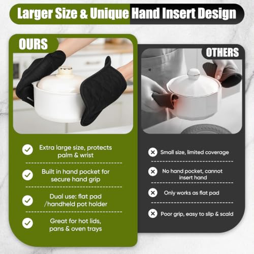 Black Silicone Oven Mitts and Pot Holders Set with Kitchen Towels - Heat Resistant 500°F