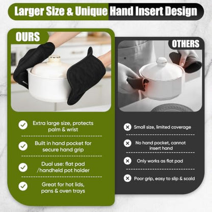 Black Silicone Oven Mitts and Pot Holders Set with Kitchen Towels - Heat Resistant 500°F