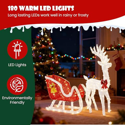 4 FT Lighted Christmas Reindeer & Santa Sleigh Set - White Reindeer, Red Santa Sleigh, Outdoor Indoor Holiday Yard Decoration, 180 LED Lights
