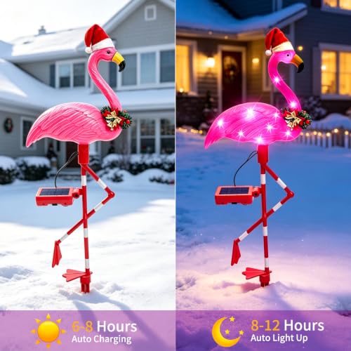 Pink Flamingo Solar Christmas Yard Decorations - 2 Pack Outdoor Lights