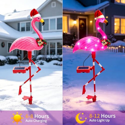 Pink Flamingo Solar Christmas Yard Decorations - 2 Pack Outdoor Lights