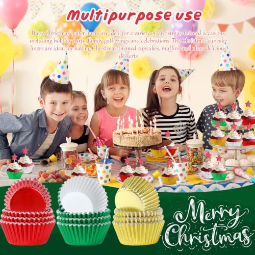 Christmas Cupcake Liners 200 Pack - Red Green Gold Silver Foil Baking Cups for Holiday Baking