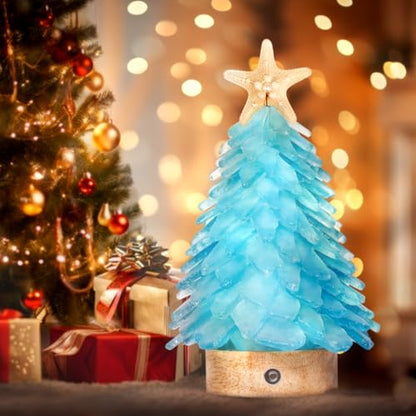 Aquamarine Sea Glass Christmas Tree with LED Lights - Handcrafted Holiday Decor