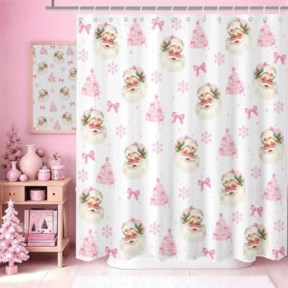 Christmas Shower Curtain Pink Bow Santa Snowflake 72x72 Inch Waterproof Holiday Bathroom Decor - Pink1