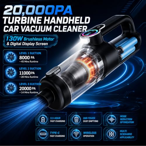 Cordless Car Vacuum Cleaner 20000Pa Handheld & Air Duster with Attachments